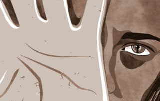 Na capa da matéria “Como denunciar situações de violência contra as mulheres?” exibimos uma ilustração, arte digital, onde é possível visualizar uma mulher com a mão aberta em frente ao seu rosto, típico comportamento de uma pessoa tentando evitar ser agredida.