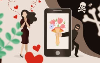 Desenho digital colorido ilustra a matéria "Golpes na era digital: como se prevenir?". Na imagem vemos a representação do conhecido - catfish - com um golpista oferecendo flores para mulher apaixonada.