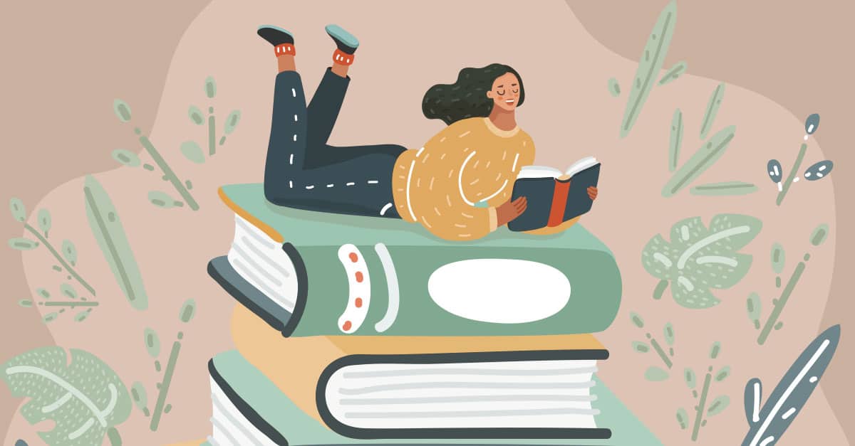 Desenho digital colorido ilustra a matéria "5 livros para advogados e estudantes de direito". Na imagem temos vários livros empilhados, acima de todos vemos uma mulher deitada de bruços, ela está segurando um livro aberto.