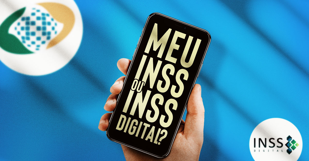 Ilustrando a capa da matéria "Meu INSS ou INSS Digital. Qual é o melhor?", temos um mockup digital colorido, onde é possível ver uma mão segurando um smartphone. Na tela do Smartphone temos a pergunta escrita "Meu INSS ou INSS Digital?".