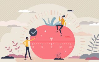 Ilustrando a capa da matéria autoral "Técnica Pomodoro e como ser mais produtivo", conferimos um desenho digital colorido de um grande timer no formato de um tomate, ao seu lado vemos duas pessoas desenhadas. Uma mulher está sentada no topo do timer e um homem está de pé ao lado esquerdo do "timer Pomodoro"