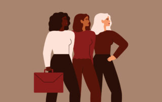 Ilustrando a capa da matéria Como se tornar um advogado empreendedor, temos uma ilustração onde é possível ver três mulheres em pé, lado a lado, elas estão vestidas socialmente e uma delas segura uma pasta de serviço.