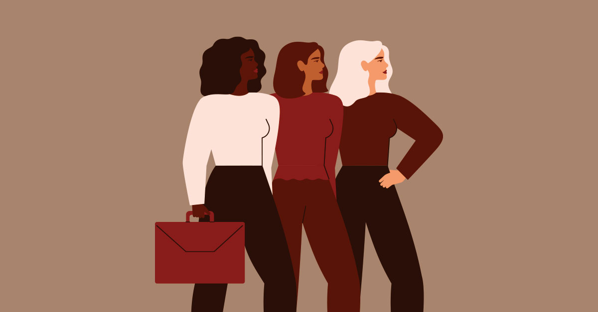 Ilustrando a capa da matéria Como se tornar um advogado empreendedor, temos uma ilustração onde é possível ver três mulheres em pé, lado a lado, elas estão vestidas socialmente e uma delas segura uma pasta de serviço.