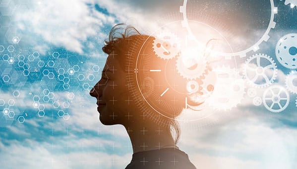 Ilustrando esse trecho da matéria Dicas para advogados conciliarem a vida profissional e pessoal, temos uma mulher de perfil contra a luz do sol, ao seu redor vemos ilustrações de engranagens.