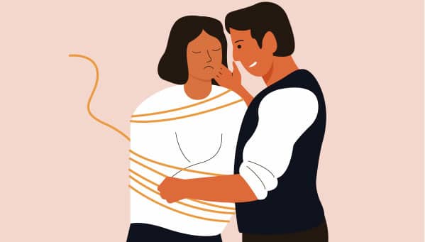Uma ilustração de um homem e uma mulher abraçados, a mulher está amarrada, ilustra esse trecho da matéria - Como identificar um relacionamento tóxico-.