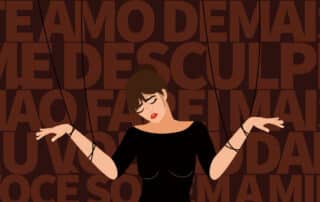 Na capa dessa matéria - Como identificar um relacionamento tóxico - temos uma ilustração digital. Uma mulher com feição triste, braços abertos e amarrados no pulso por uma corda preta. Ao fundo, frases comuns a pessoas abusadoras, tais como, te amo demais, me desculpe, não farei mais, eu vou mudar e você só tem a mim.