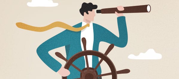 Ilustrando a matéria 10 importantes soft skills para advogados, temos o desenho digital de um advogado com uma luneta e guiando um navio.