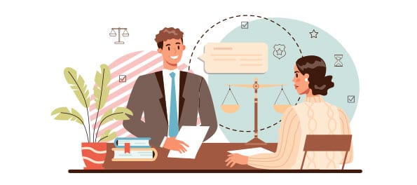 como-um-advogado-iniciante-pode-ganhar-dinheiro Ilustrando a matéria Como um advogado iniciante pode ganhar dinheiro, temos o desenho de uma advogado atendendo um cliente