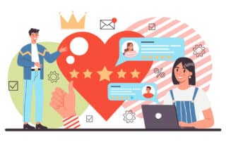 Como capa da matéria "Dicas para personalizar os atendimentos na advocacia ", temo um desenho representando um bom atendimento, vemos um homem em pé e uma mulher com um notebook, além de elementos como um coração, cinco estrelas, uma mão fazendo joia.
