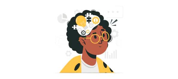 Desenho de uma mulher representando o pensamento crítico.