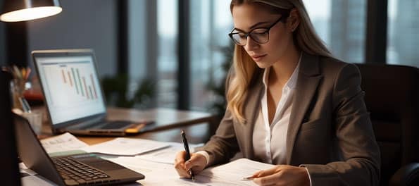 Advogada fazendo análise financeira.